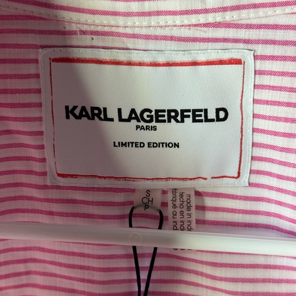 Karl Lagerfeld Paris Top Blouse Collared Shirt Logo XOXO Eiffel Striped Pink S - Picture 5 of 11